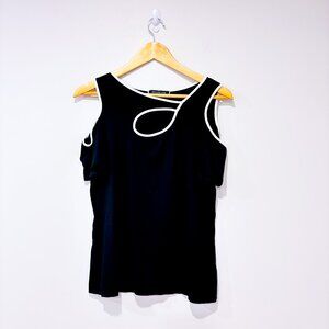 MELANIE LYNE‎ Black cold shoulder top with white trim | Chic minimal | Large